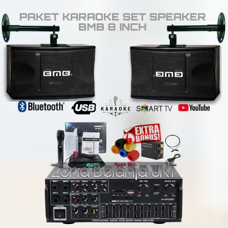 PAKET KARAOKE HEMAT  SOUND SYSTEM RUMAHAN SPEAKER BMB 8 INCH AMPLIFIER USB BLUETOOTH MURAH BERKUALIT