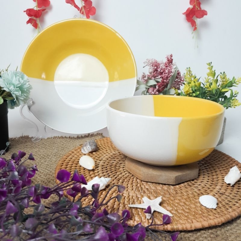 Paket Set Mangkok Piring Keramik Two Tone 2 Warna Cantik Mewah Kualitas Bagus