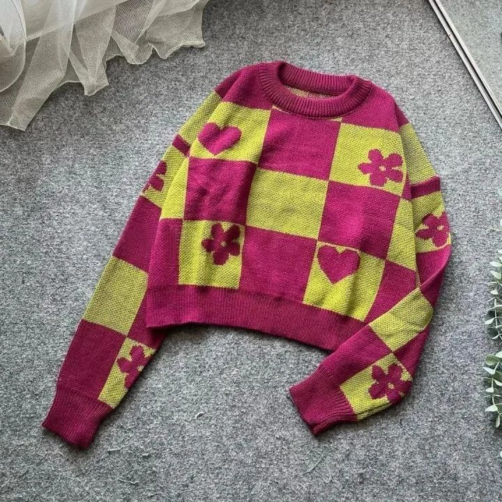 Sweater Crop Rajut Love Crop CS Bahan Rajut Crop Top Lengan Panjang Korean Style Atasan Wanita Kekin