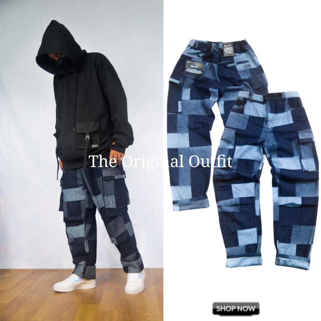 Celana pria , Celana panjang denim jeans , Cargo panjang jeans patch kotak , cargo milor pdl jeans p