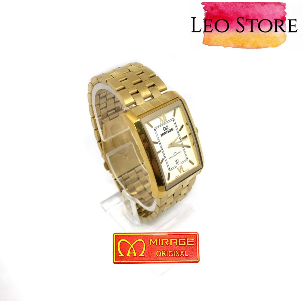 JAM TANGAN MIRAGE A14(8577BSP-M)PERSEGI PANJANG   ADA TANGGAL DI BAWAHNYA DENGAN RANTAI GOLD PLAT PU