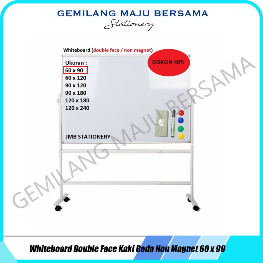 

Whiteboard / Papan Tulis + Kaki Roda 60 x 90 cm ( 2 Muka Bolak Balik / Non Magnet/ Magnetic )