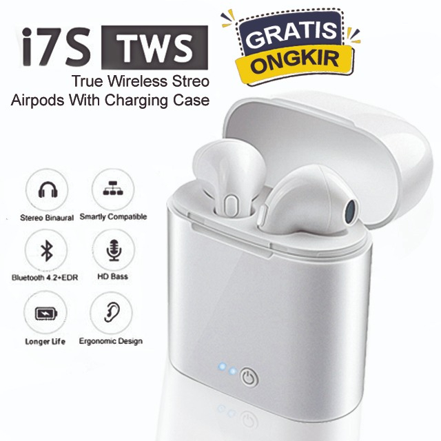 Headset i7s TWS Earphone Dual Bluetooth Wireless murah Full bass batre awet terbaik
