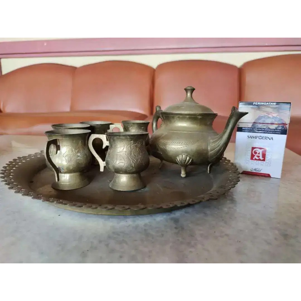 Tea set teko teh kuningan fullset nampan ukir antik