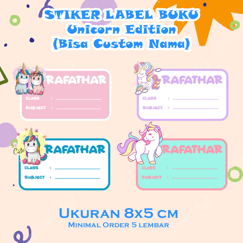 

STICKER NAMA BUKU SEKOLAH CUSTOM UNICORN MINIMAL ORDER 5 LEMBAR/STICKER NAMA ANAK/STICKER MATA PELAJARAN/STIKER KARAKTER