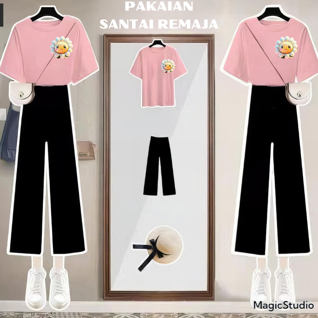 JBF One Set Wanita Kekinian LD 106 Cm Panjang Celana 90 Cm Motif Funny Flowers