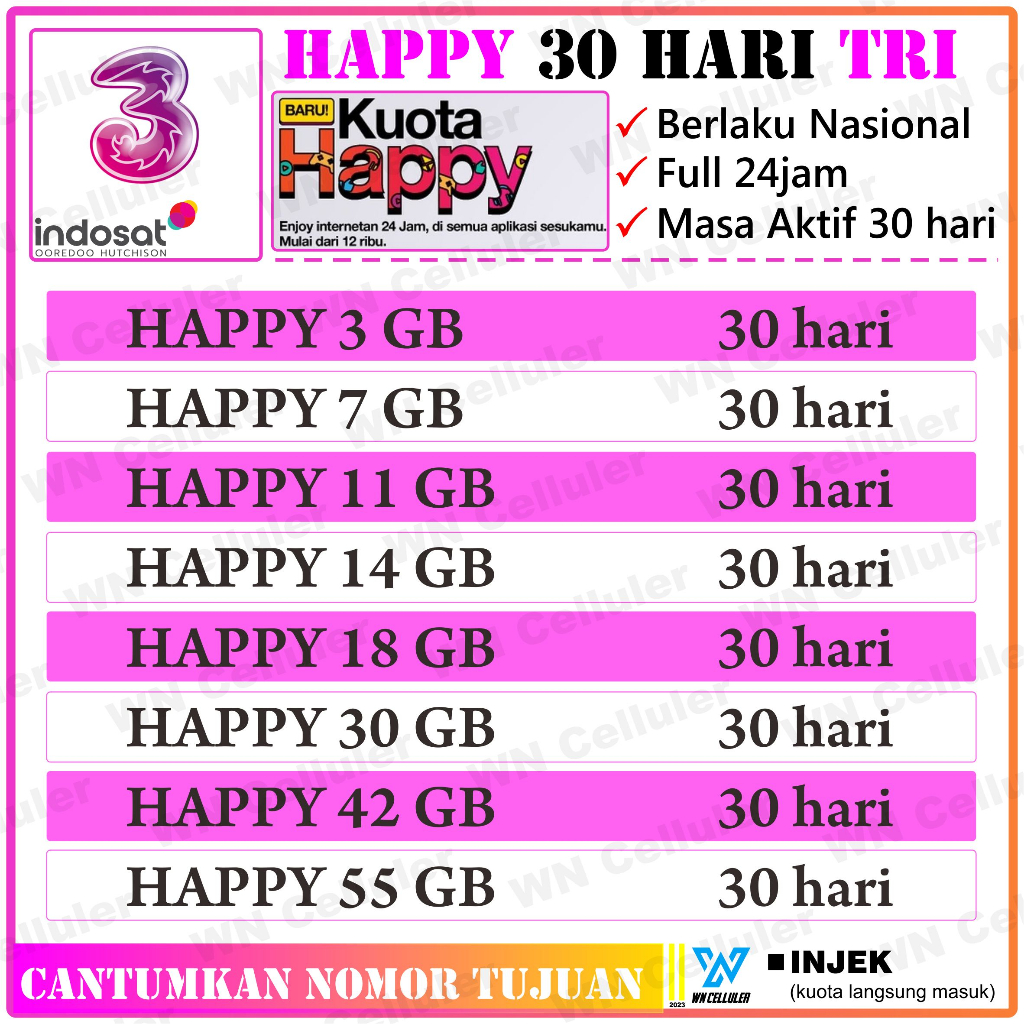 Kuota Tri Happy 7GB 11GB 14GB 18GB 30GB 42GB 55GB Full 30 hari / Kuota Tri Happy  / PAket Tri Bulanan / Paket Happy Tri / Voucher Tri