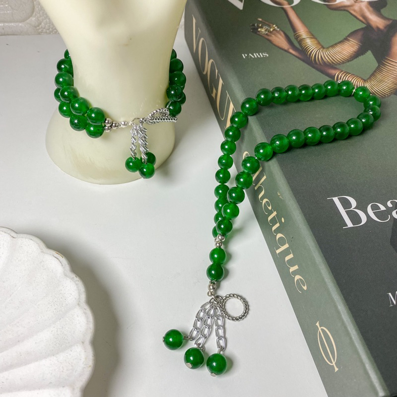 GELANG BATU GIOK BATU ALAM HIJAU TUA | TASBIH 33 BUTIR | FREE BOX MEWAH