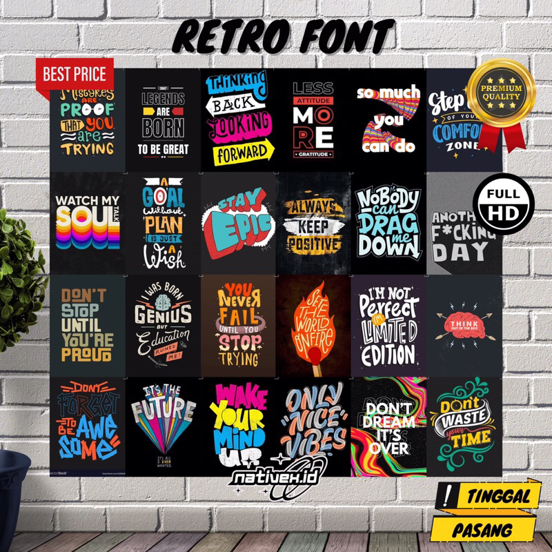 (Isi 24 Pcs) Poster Dinding Aesthetic | Poster Dinding Tema Retro Font | Poster Dinding Retro Vintag