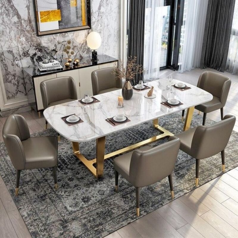 SET MEJA MAKAN TOP MARMER PUTIH STATUARIO KAKI STAINLESS GOLD / SET KURSI MAKAN MINIMALIS 6 KURSI