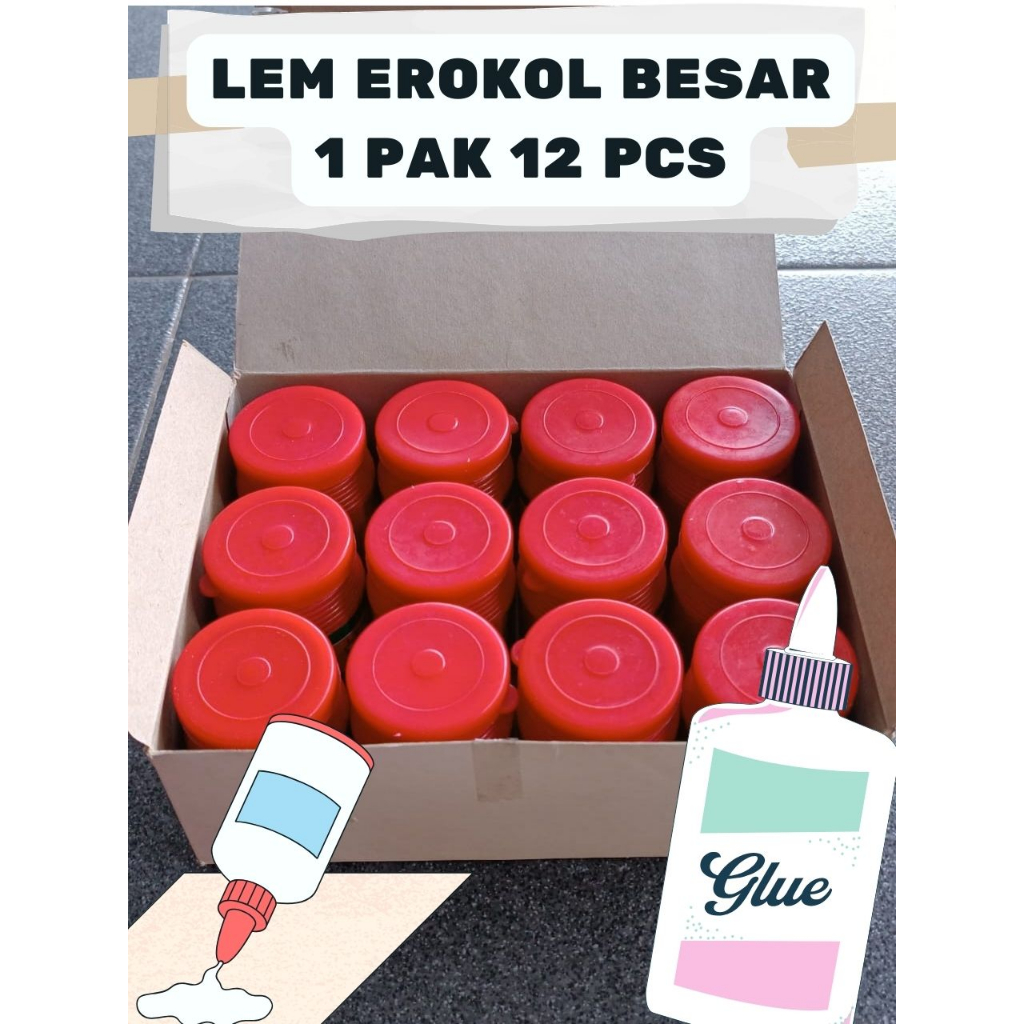 

LEM KERTAS LEM COLEK PUTIH TABUNG CAIR BESAR MEREK EROKOL 1 PAK ISI 24 TABUNG LEM