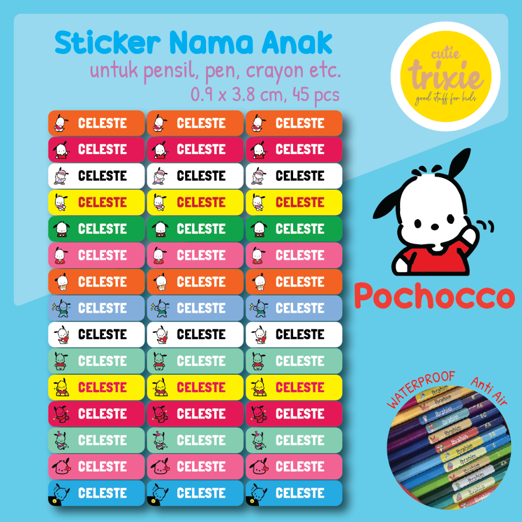 

Sticker label nama anak untuk pensil pen crayon Pochocco