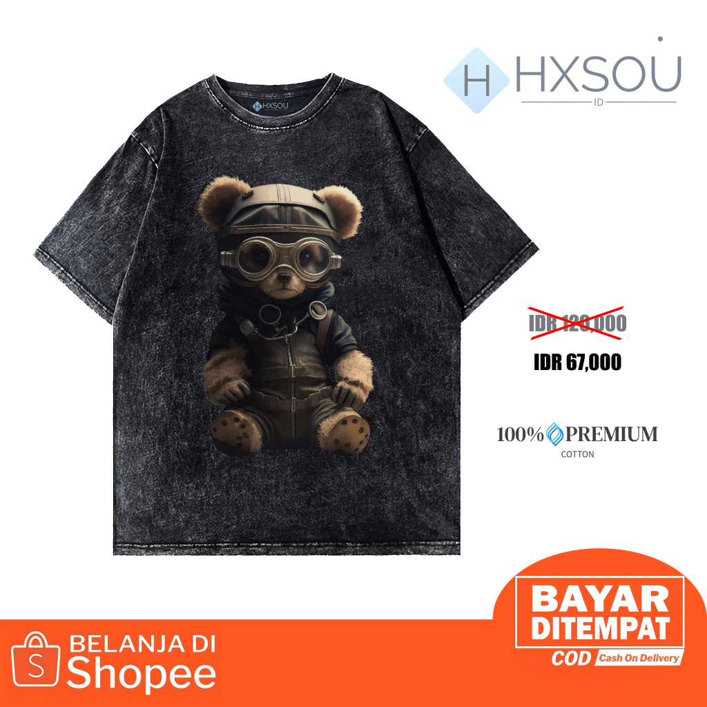 Hxsou T-shirt Oversize Unisex Washed / Baju Kaos Oversize Wash Bear C28