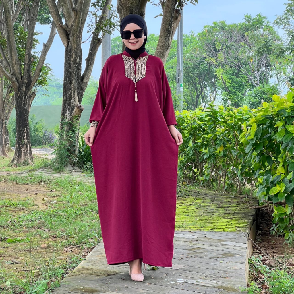 Gamis Sultan Renda Kringkle Airflow Premium Dress Kaftan Arab Polos Simple Busui Friendly Hitam-Maroon Kaftan