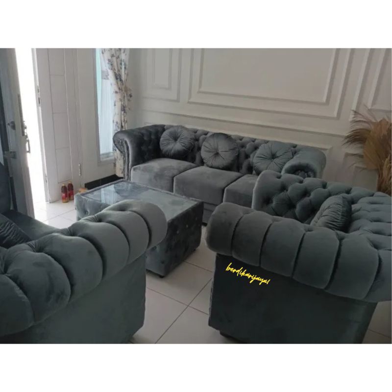 sofa kancing seribu 321+ meja + 6 bantal bulet bahan glosy free ongkir bandung
