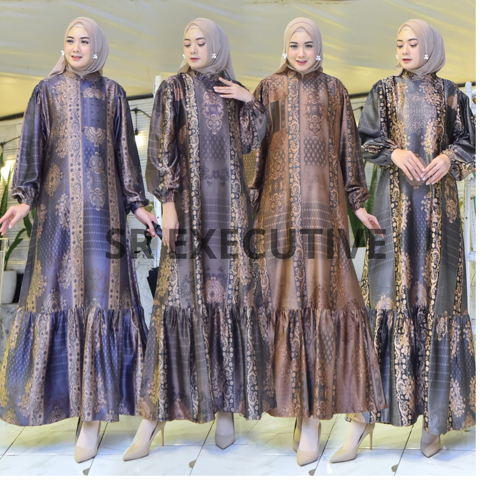 NARISA DRES  ARMANI SILK PREMIUM MOTIF TERBARU TANGAN BALON BUSUI DRESS MUSLIM WANITA KEKINIAN