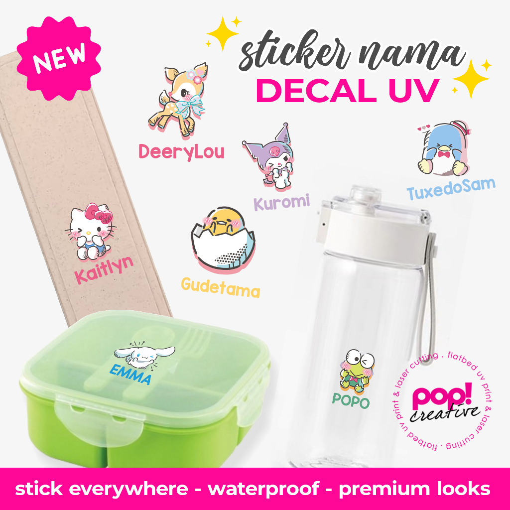 

Stiker Nama Decal UV Sticker Tato Custom Nama Sticker Decal Label Nama Anak Sanrio Lucu Decal Kering DTF UV