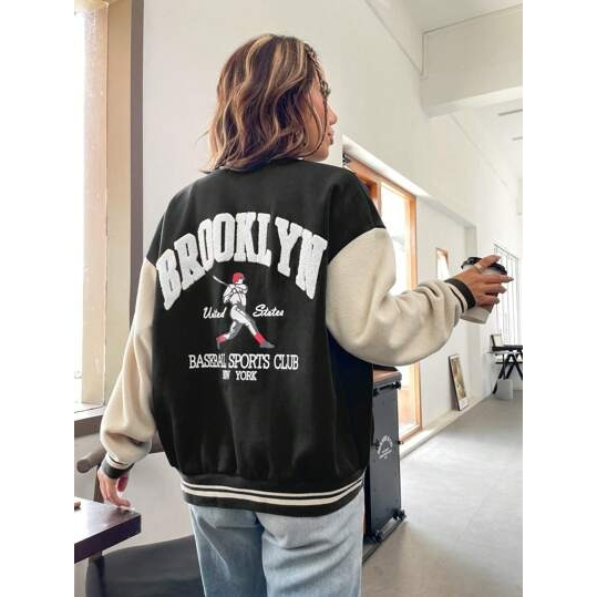 Jaket Bomber Varsity Baseball dewasa Kancing Pria Wanita Jaket Varsity Gaya Korea BROKLYN Jumbo big 