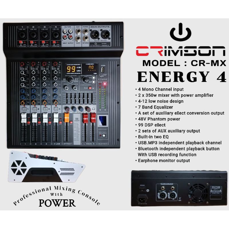 Power mixer 4 channel Crimson model CR MX CRMX energy 4 energy4 mono channel input