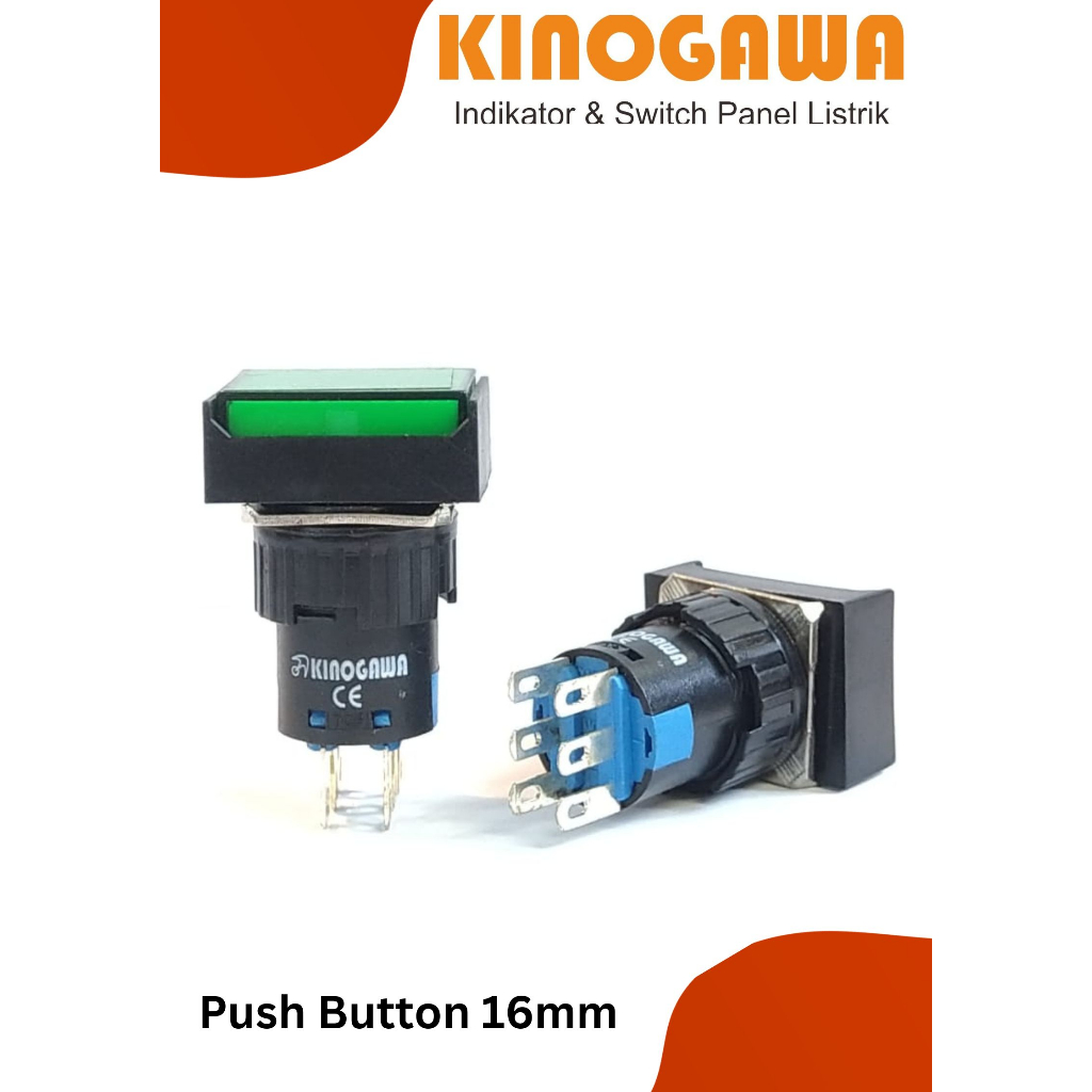 Push Button 16mm Persegi Panjang Hijau Ngunci - Tombol Push Button