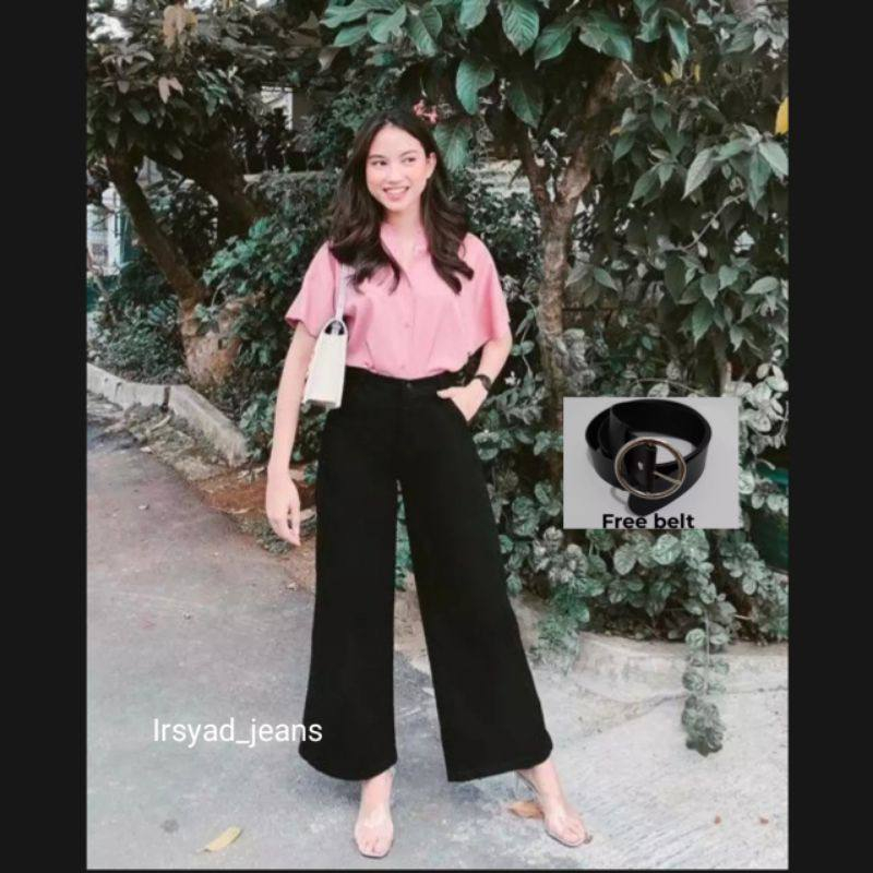 Celana Jeans Wanita Kulot Hitam Rawis