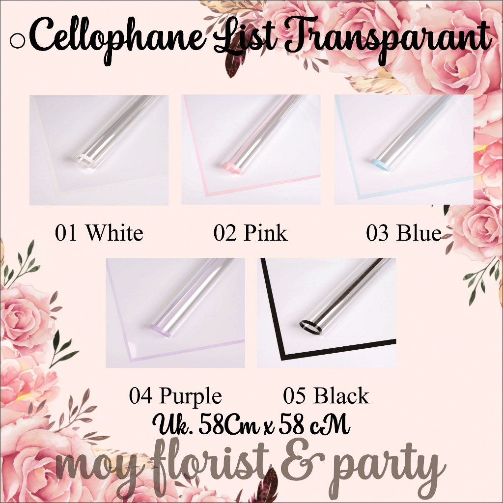 

(20 Lembar) Kertas Buket Celophane Transparant Bening List Warna / wraping paper cellophane bening list
