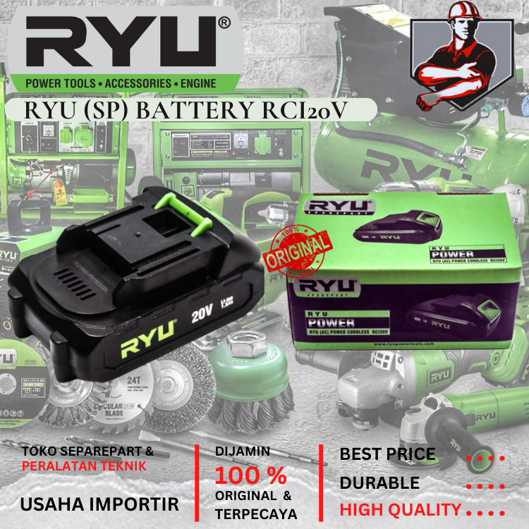 Ryu baterai Mesin Bor 20 Volt Cordless Tipe RCI20V Original RYU Battery 20Volt 1.5Ah Baterai Untuk S