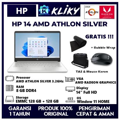 Laptop sekolah Hp 14 AMD Athlon Silver Ram 8 GB Silver