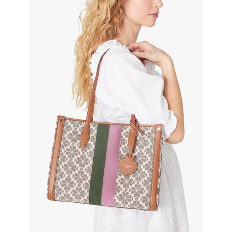 Kate spade flower jacquard stripe market medium tote pink multi