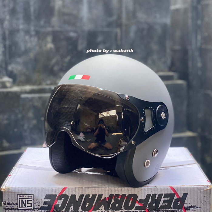 Helm Retro Classic Vespa Modern Grey Doff + Visor Italy Original