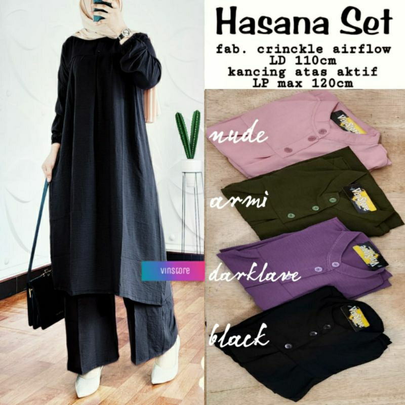 VOD SETELAN TUNIK POLOS CEWEK KEKINIAN HASANA SET MURAH SOLO BY.VINSTORE