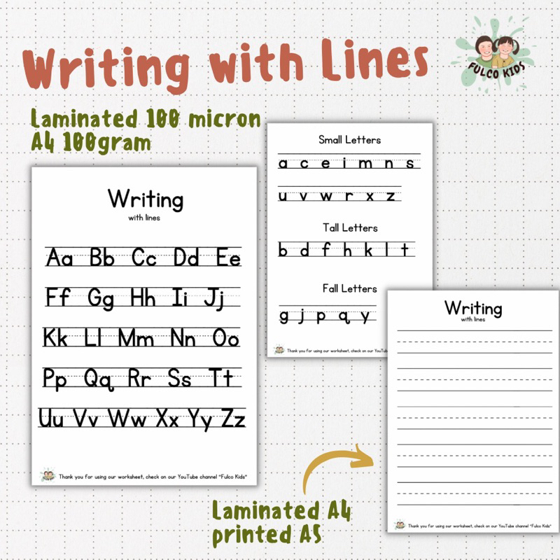 

Writing with Lines Worksheet Laminated Belajar Menulis by Fulco Kids - ALPHABET HANDWRITING WORKBOOK COMBINE BOTH TRACING & WRITING. LOTS PRACTICES! MOST VISUAL & SIMPLE WORKBOOK ON THE MARKET