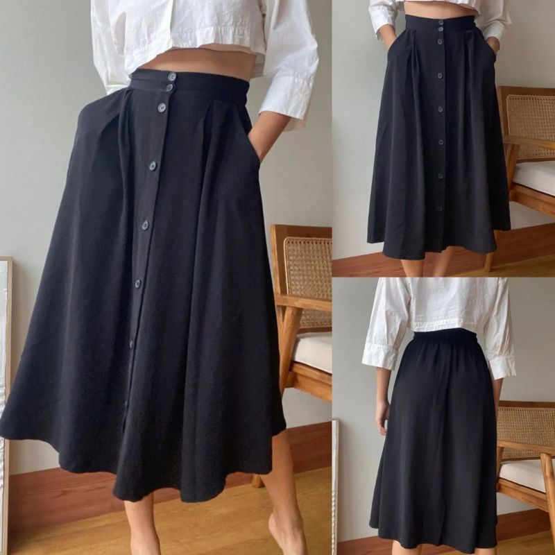 MONKI BUTTON PLEATED MIDI SKIRT BLACK (RAK 18-2)