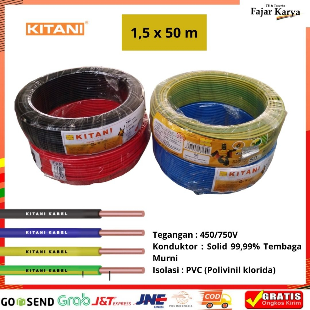 KABEL LISTRIK SNI NYA KITANI 1.5 mm X 50 m TUNGGAL FULL TEMBAGA MURNI TERMURAH READY STOCK