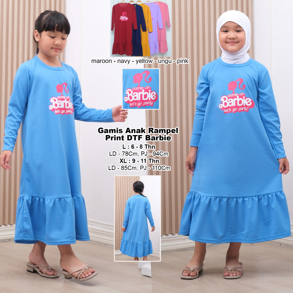 Gamis Anak Perempuan Rumbai Bawah Print Dtf Barbie 6-10 Tahun ( Real Pick ) Gamis Anak Rampel Karakt