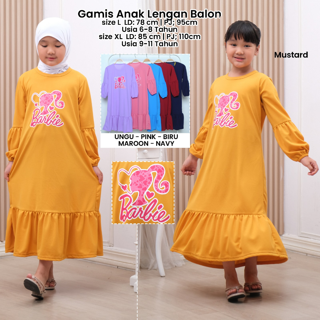 Gamis Anak Perempuan Lengan Balon Rumbai Bawah Print Dtf Barbie Usia 6-11 Tahun / Gamis Anak Balon C
