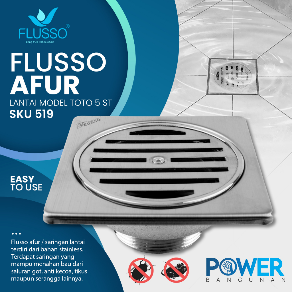 Flusso Afur Lantai / Afur Saringan Air Tutup Got Kamar Mandi Stainless Steel 5 Inch | 519