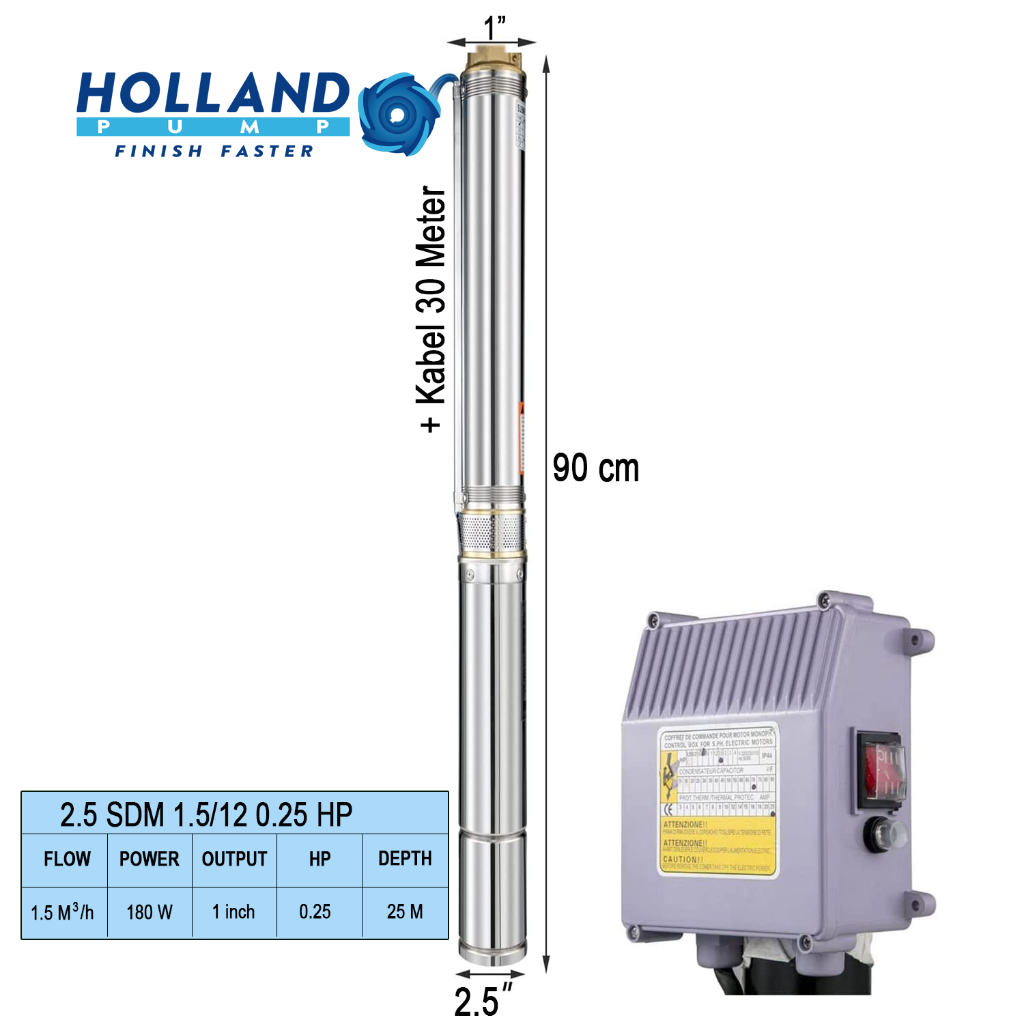 Holland pump pompa submersible casing 2.5 inch 0.25hp plus kabel 30meter