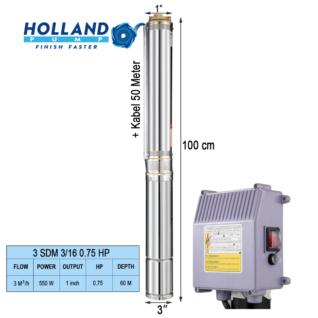 Pompa Air Listrik Sibel Holland Pump Submersible 3 inch 0.75 HP 3/4 PK Plus Kabel 50 Meter