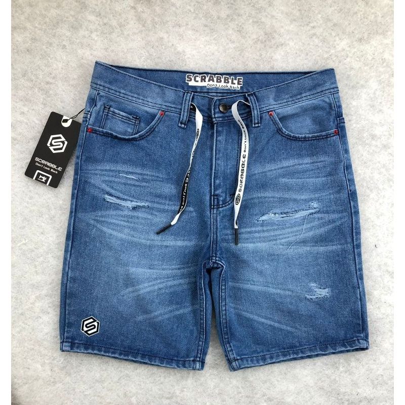 Celana Jeans pendek sobek lapis fashion atas lutut Scrabble original termurah