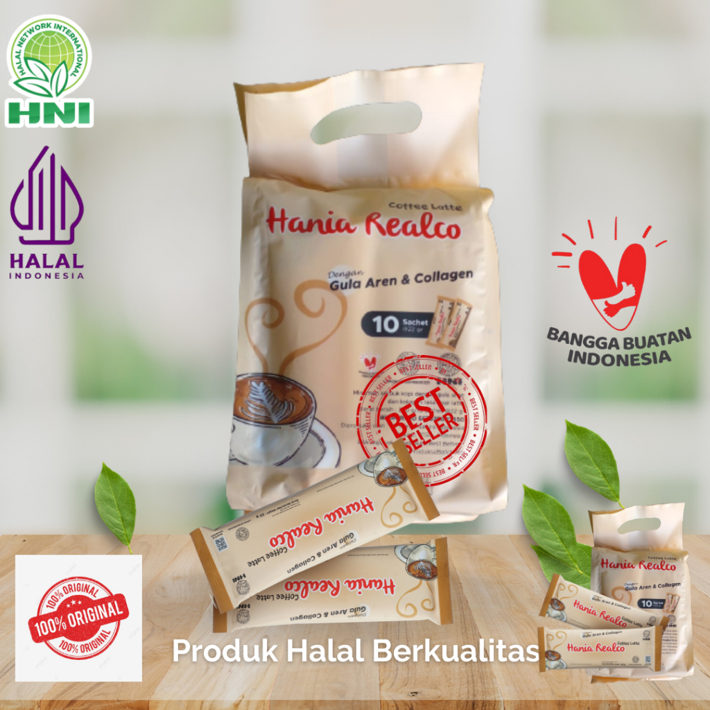 

HANIA REALCO LATTE Minuman serbuk kopi dengan gula aren dan kolagen, rasa latte.