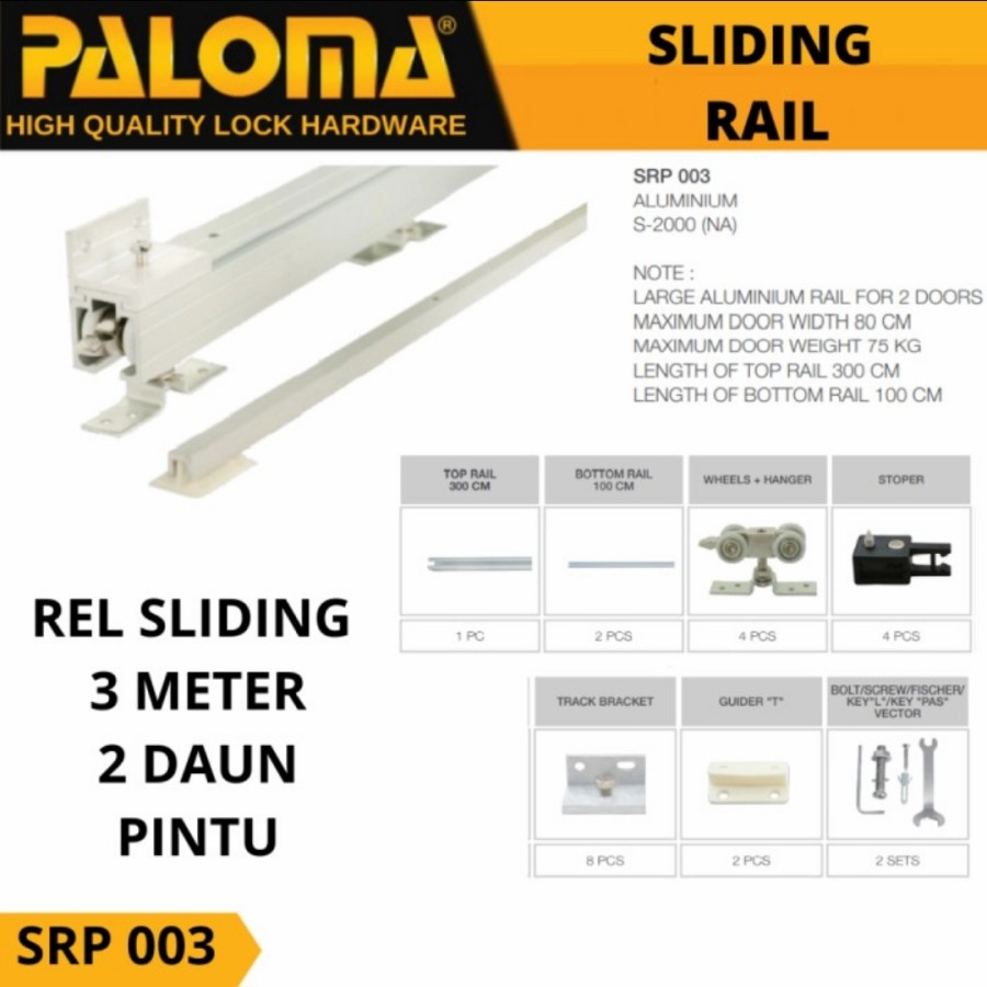 PALOMA SRP 003 REL SLIDING GESER PINTU 3 METER UNTUK 2 DAUN PINTU