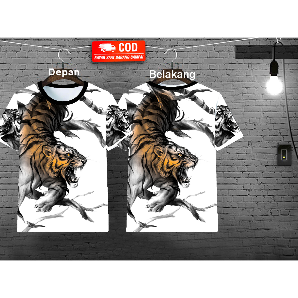 Kaos Distro Cowok Motif Macan Depan Belakang ada Sablon Untuk Pria Dewasa
