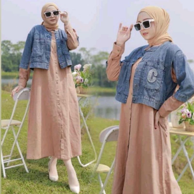 One Set Zeyna Jaket + Dress Wanita Katun Mix Jeans Import BKK | One Set Baju Muslim