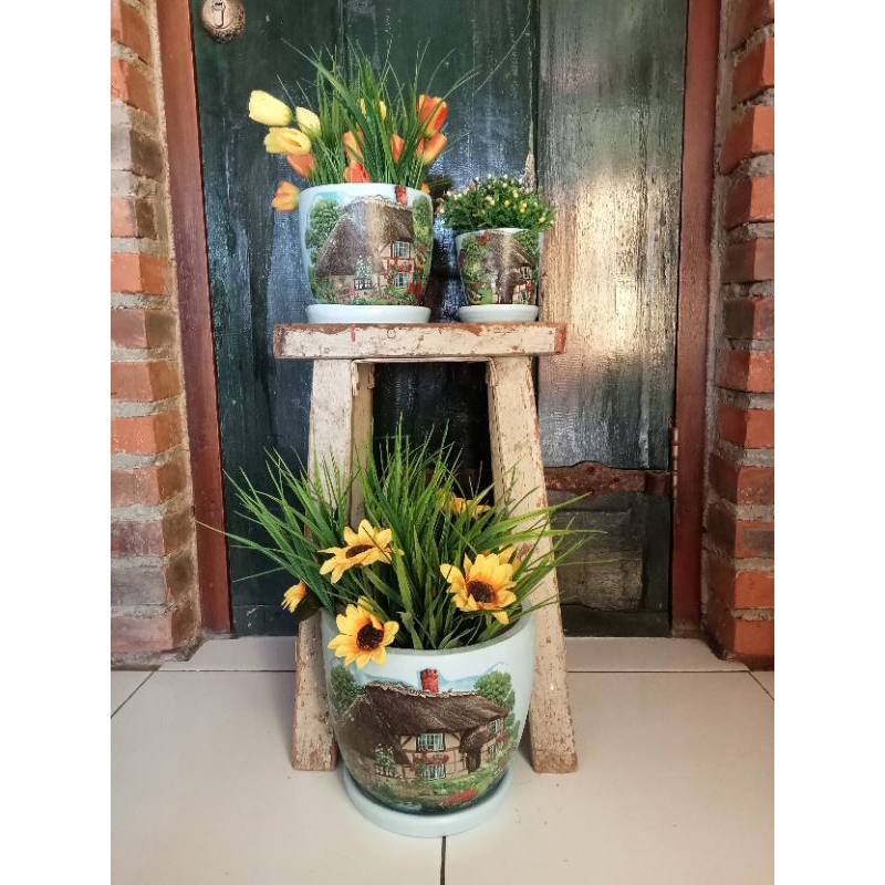 paket pot decoupage/pot teracota/pot bunga/pot gerabah/vas bunga/dekorasi/pot decoupage/pot tanah li