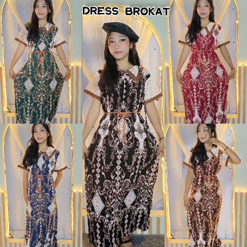 Dress Brokat Lengan Pendek Busui Free Ikat Pinggang Astetik