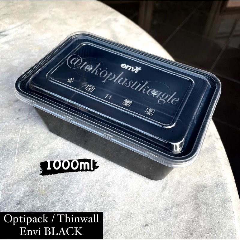 [isi 25pcs] Optipack Thinwall Rectagular ENVI Black 1000ml / Kotak Makan ENVI Hitam 1000ml