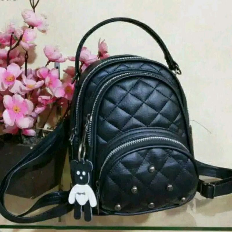 YanShop - Tas Ransel Mini Selempang Wanita Korea Multifungsi Bordir Kotak Semi Kulit Sintensis