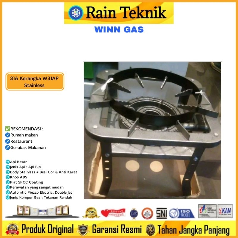 Kompor Gas Komersil 1 Tungku Winn Gas 31-A dengan KERANGKA W31AP Stainless Tekanan Rendah Api Besar 