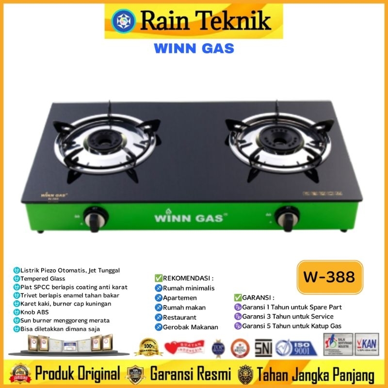 Kompor Gas Winn Gas W-388 Tempered Glass (2 Tungku) Otomatis / Kompor Gas Rumah Anti Gores Winn Gas 